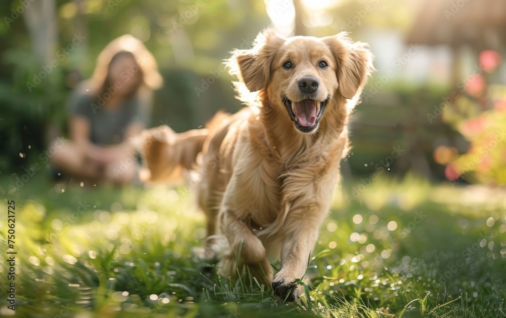 Joyful family enjoys quality time with their cheerful golden retriever on the sunny backyard. Joyful family enjoys quality time with their cheerful golden retriever on the sunny backyard.