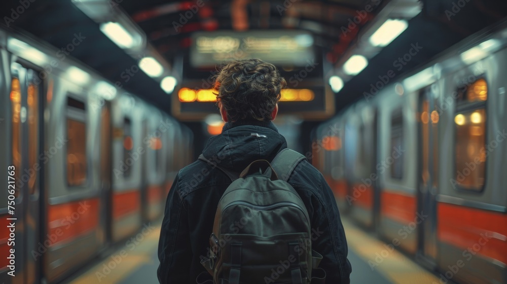 Man with backpack patiently waits for the approaching train at the subway station's open doors. Man with backpack patiently waits for the approaching train at the subway station's open doors.