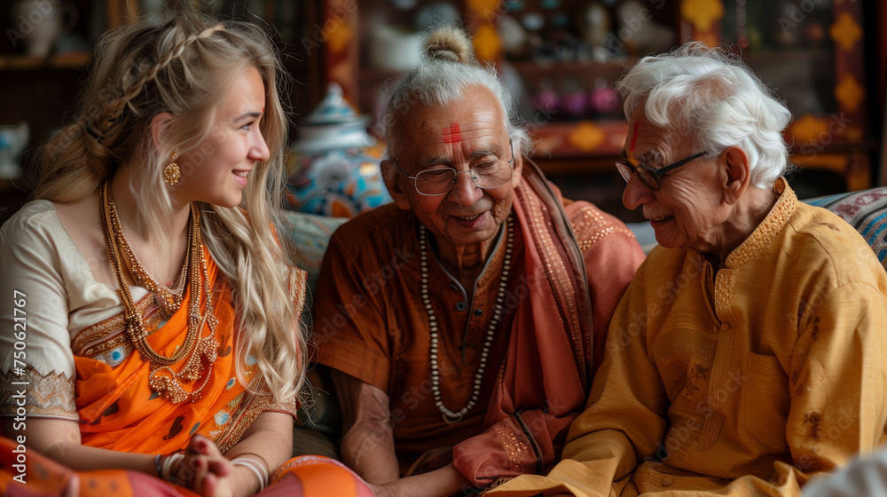 Young Western woman conversing with elderly Indian