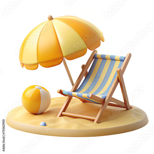 3d Vector Beach Chair, Yellow Umbrella and Ball, Summer holiday, Time to travel concept