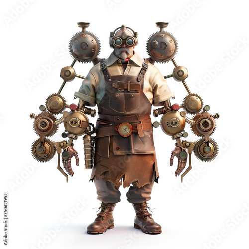 Steam Powered Inventor: A tinkerer with goggles, a leather apron, and mechanical arms, creating fantastical contraptions powered by steam and gears.. 3d render in minimal style isolated on white backd