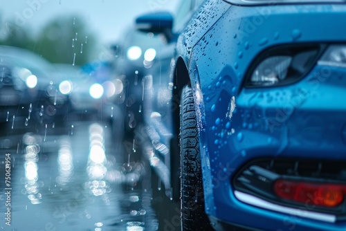 Rain droplets cling to the sleek surface of a car in a downpour, creating a glistening sheen.