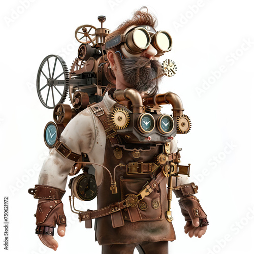 Steam Powered Inventor: A tinkerer with goggles, a leather apron, and mechanical arms, creating fantastical contraptions powered by steam and gears.. 3d render in minimal style isolated on white backd photo