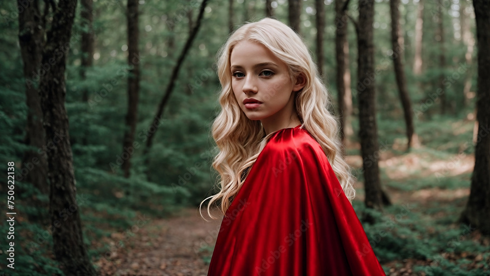 blonde girl in a red cape in forest blonde girl in a red cape in forest