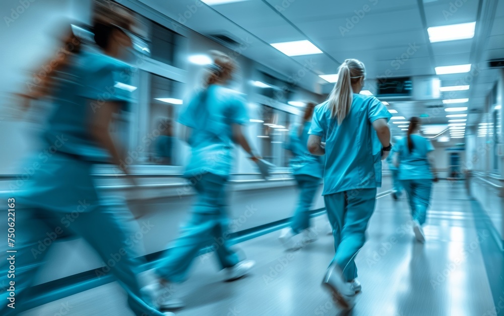 Hectic hospital hallway with moving medical professionals in scrubs.