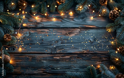 Rustic wooden panel illuminated by soft Christmas lights, perfect for a festive backdrop with room for text.
