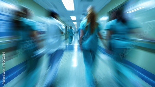 Hectic hospital hallway with moving medical professionals in scrubs. © tonstock