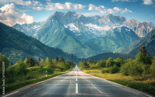 A scenic drive awaits on a clear highway that stretches towards the majestic peaks of a snow-covered mountain range.