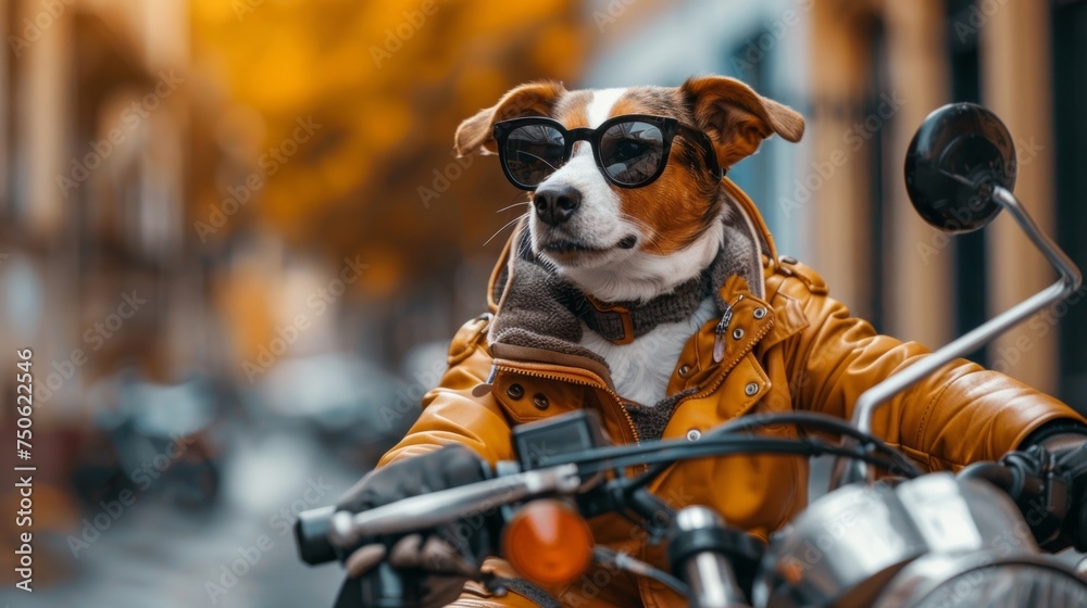 A cool dog in sunglasses and a jacket rides a motorcycle like a true biker.