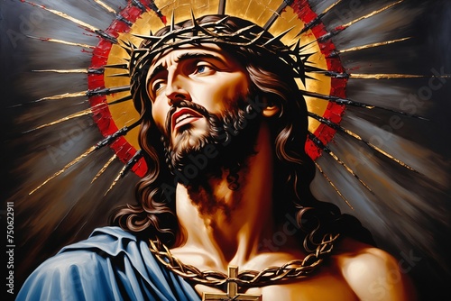 Ölgemälde der Leidensgeschichte Jesu Christi - Dornenkrone auf Vintage-Leinwand. Gold, Schwarz, Blau, Rot und Grau