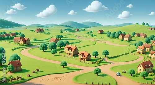 An animated peaceful landscape with hills, Village background asset game 2d futuristic