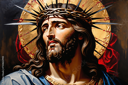 Ölgemälde der Leidensgeschichte Jesu Christi - Dornenkrone auf Vintage-Leinwand. Gold, Schwarz, Blau, Rot und Grau