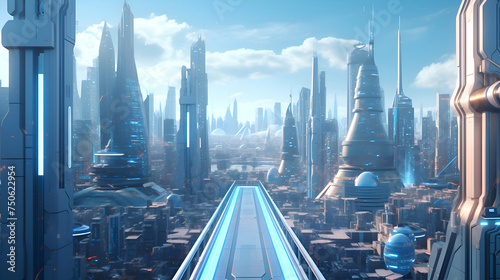3D rendering of futuristic city with skyscrapers and high speed train
