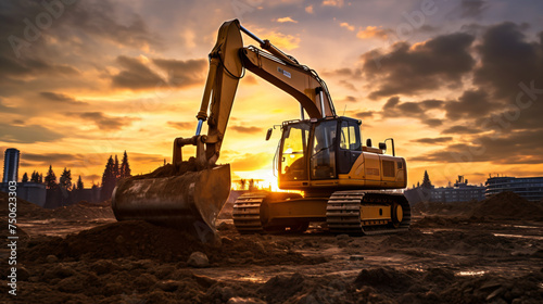 Backhoe digging soil at construction site. 