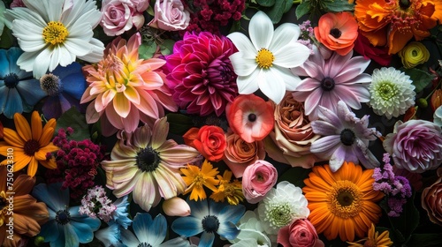 Full frame of various natural flowers, depicted in hyperrealistic detail.