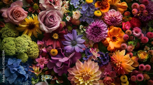 Full frame of various natural flowers, rendered in hyperrealistic detail.