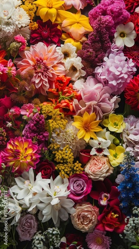 Full frame of various natural flowers. Hyperrealistic.