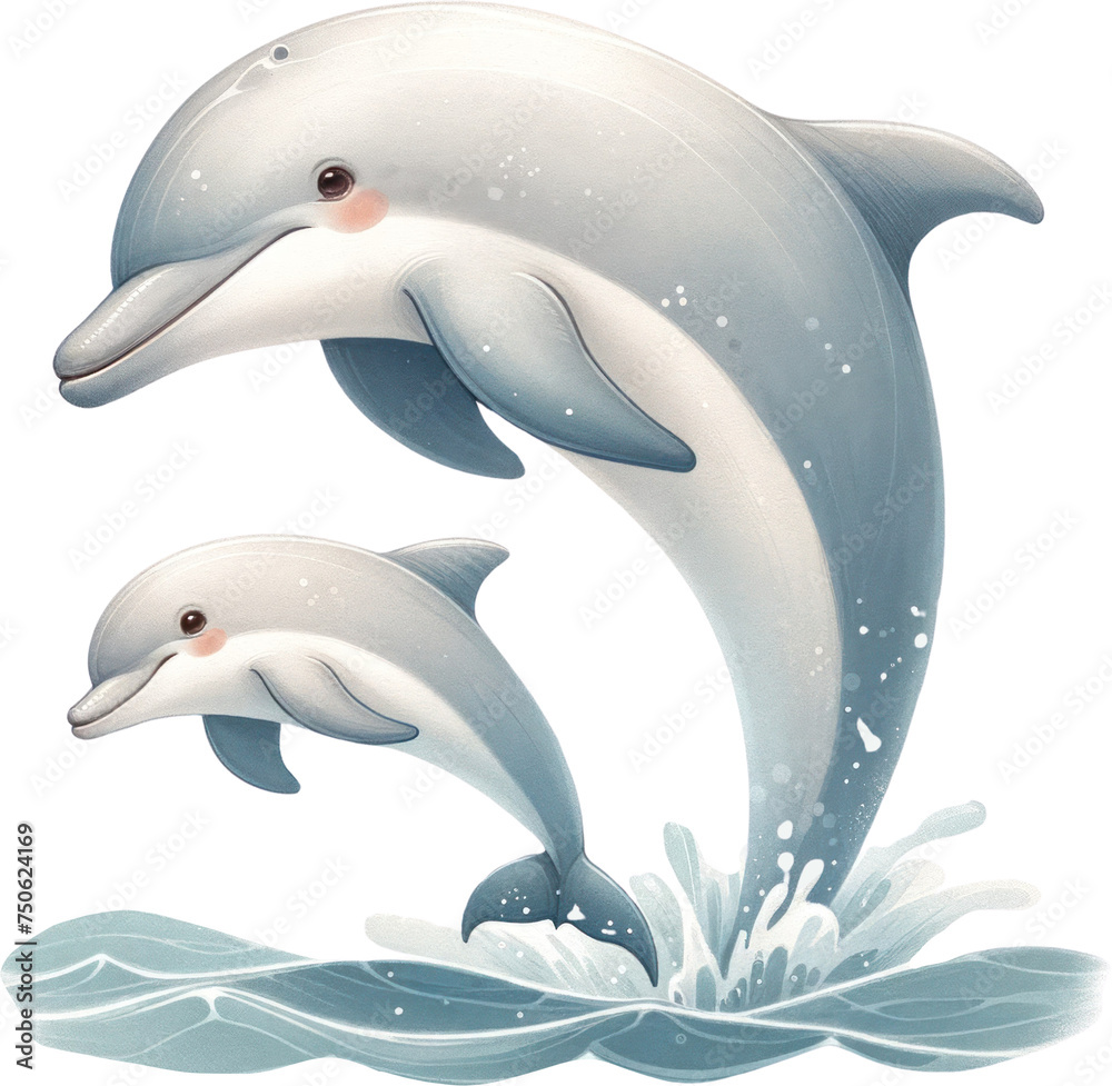 Obraz premium Playful Dolphins Leaping in Water Illustration, An illustration of two joyful dolphins leaping together above the ocean waves, conveying a sense of freedom and playfulness.