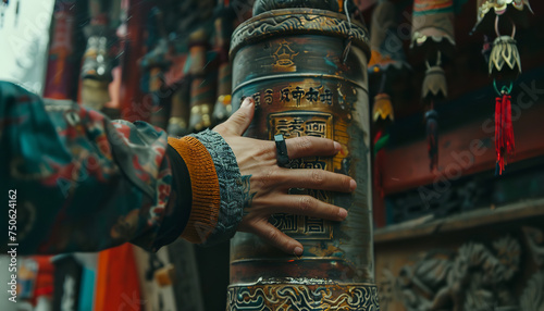 Devotee's hand delicately touching a Buddhist prayer wheel - reflecting the practice of mindful repetition of mantras and prayers."