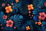Tropical hibiscus flowers and dense foliage monstera and palm trees create an enchanting scene in this vivid botanical illustration