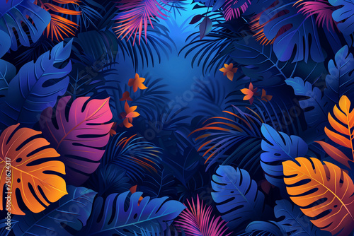 Neon colored tropical leaves in deep blues and vibrant oranges, creating an immersive jungle night scene
