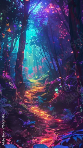 Neon AI spirits guiding through colorful enchanted forests