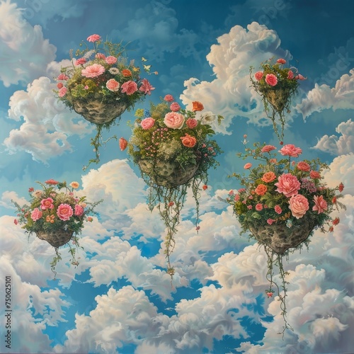 Surreal  floating floral islands in a whimsical sky  connected by vines