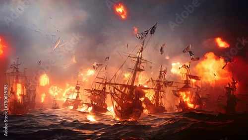 An ocean battle during the 16th century featuring sailing ships and galleons exchanging gunfire with cannons. Pirate ships burning engulfed in flames of cannons attacking. AI-generatedsea battle, nava photo