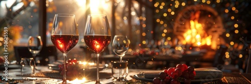 the charm of a winery dinner with a thoughtfully set table, bathed in the warm glow of a fireplace