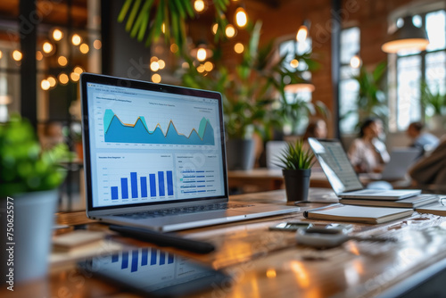 Businessmen sit in a meeting and analyze profits with graphs displayed on a screen in the office.