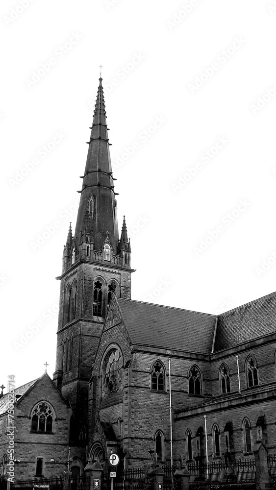 a church with a clock tower - Letterkenny Cathedral in black and white
