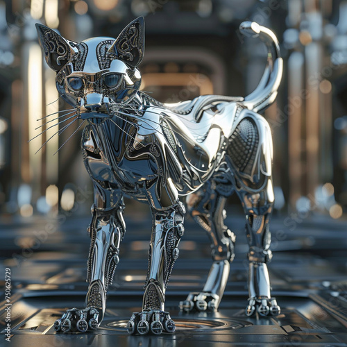 futuristic robot cat, metal cat from the future