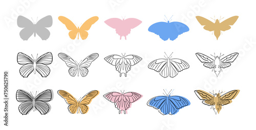 Vector set of simple multi-colored and black lined butterflies