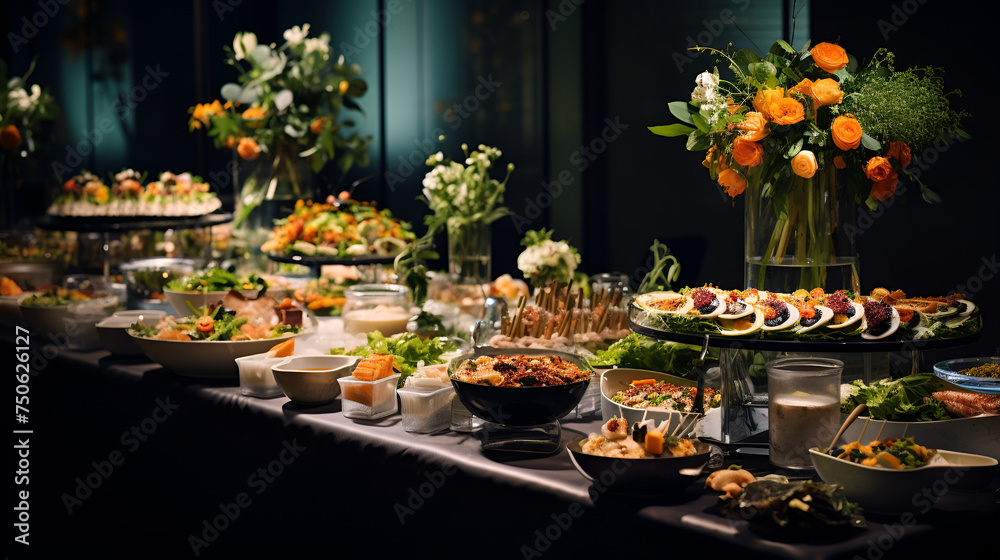 Catering Food Wedding Event Table Buffet table full of food in a luxury hotel