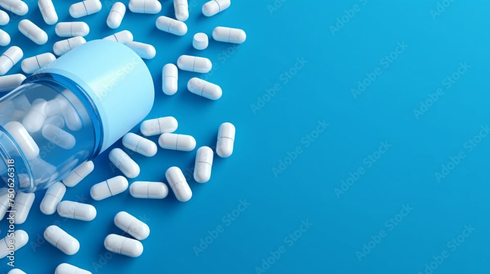 Blue capsules pill spilled out from white plastic