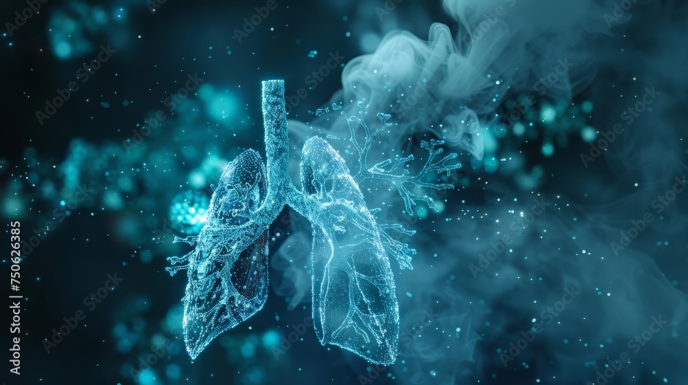 Obraz premium Futuristic visualization of smoke particles attacking lung cells with a digital shield activating to protect them