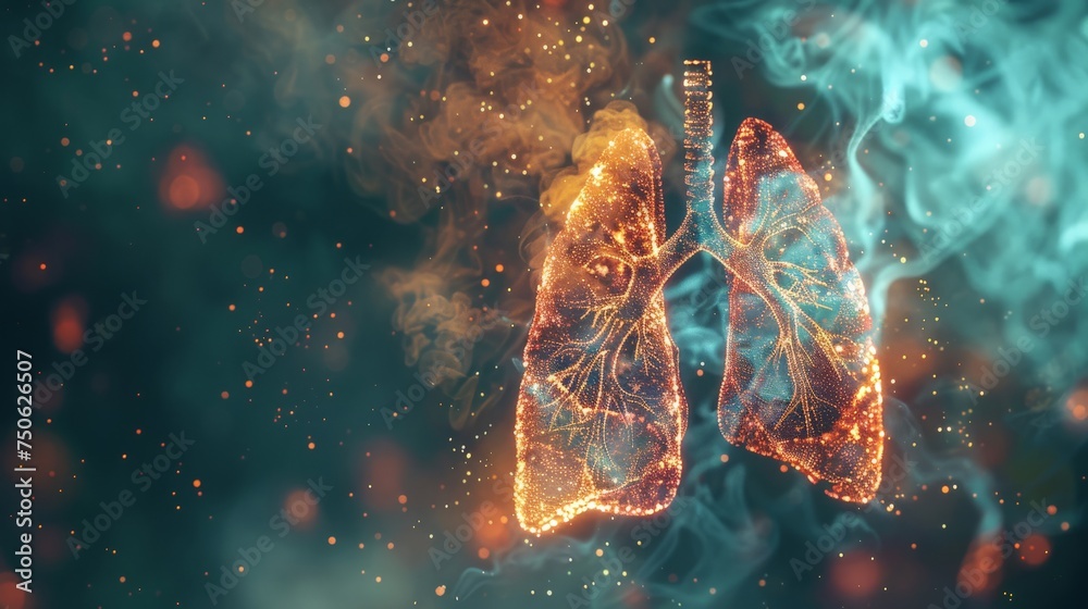 Futuristic visualization of smoke particles attacking lung cells with a digital shield activating to protect them - obrazy, fototapety, plakaty 