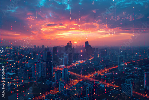 Futuristic metropolis illuminated by dynamic digital data streams and glowing urban lights. 