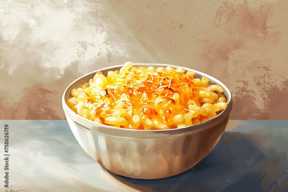 This photo depicts a realistic painting of a delicious bowl of macaroni and cheese, showcasing its creamy texture and appetizing appearance. This photo depicts a realistic painting of a delicious bowl of macaroni and cheese, showcasing its creamy texture and appetizing appearance.