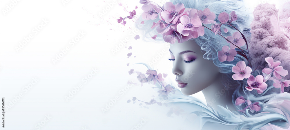 Bright beautiful young woman on white background, surrounded by purple flowers. Soft, white, smooth, bright skin. For art texture, presentation design or web design and web background. Generative AI.