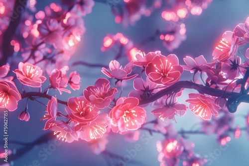 This close-up photo captures a cluster of cherry blossoms blooming on a tree branch, showcasing their vibrant pink colors.