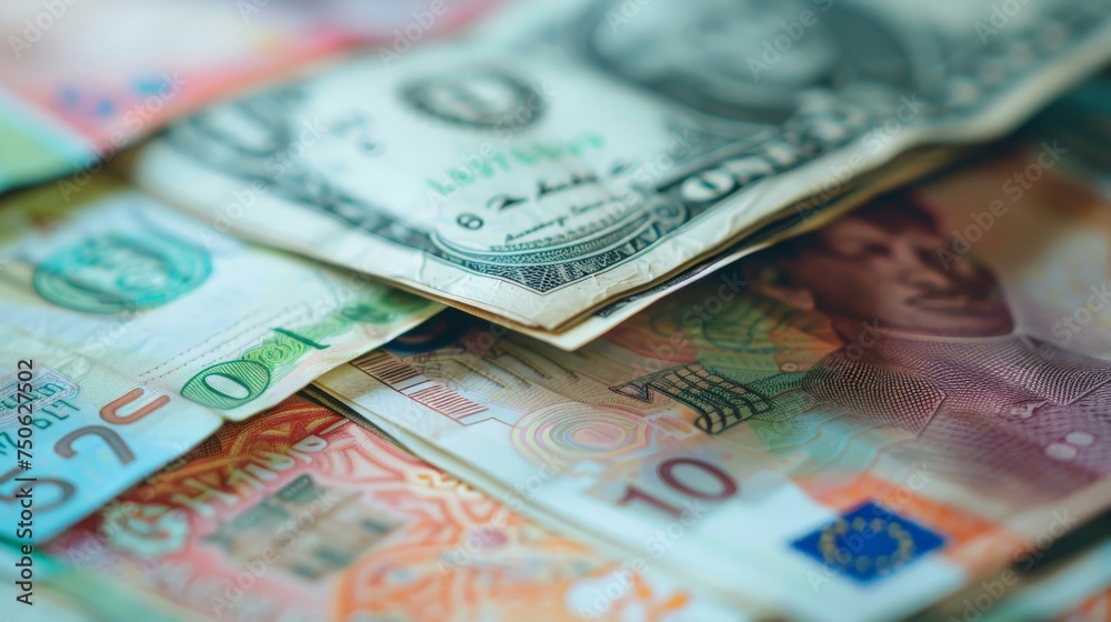 Macro shot of a discount coupon booklet with various currencies, symbolizing global consumer deals Macro shot of a discount coupon booklet with various currencies, symbolizing global consumer deals