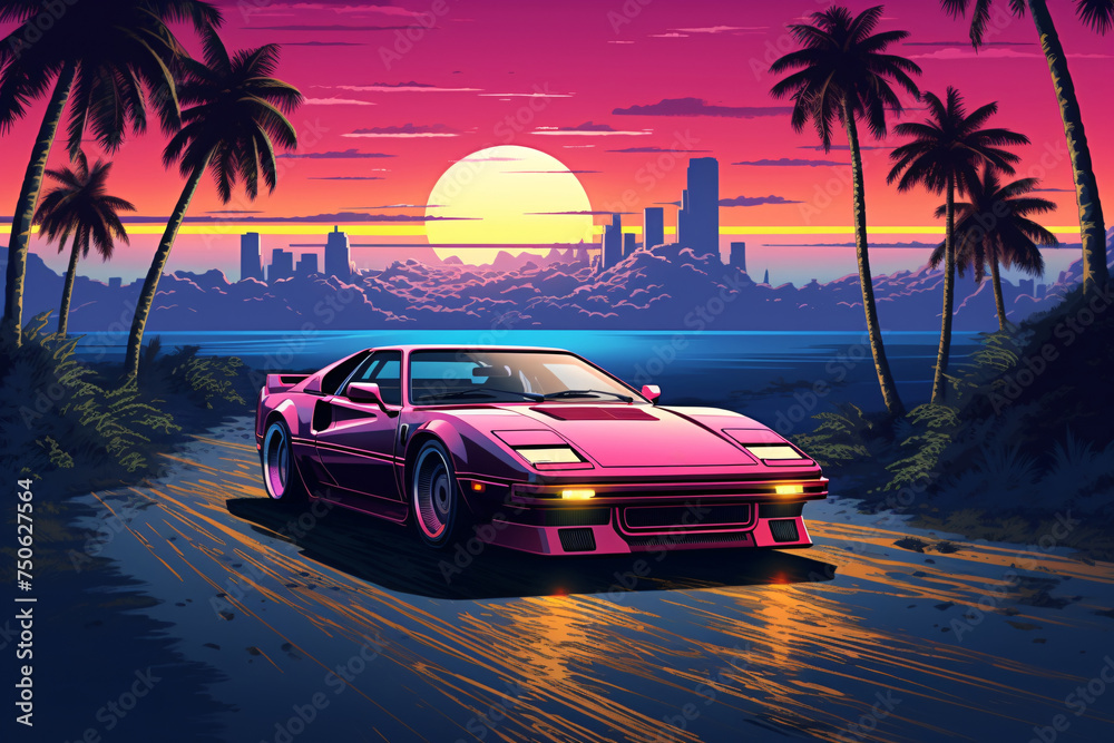 a pink sports car on a road with palm trees and a sunset