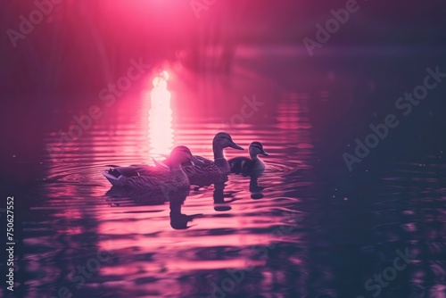 A family of ducks peacefully swimming together in a serene pond. photo