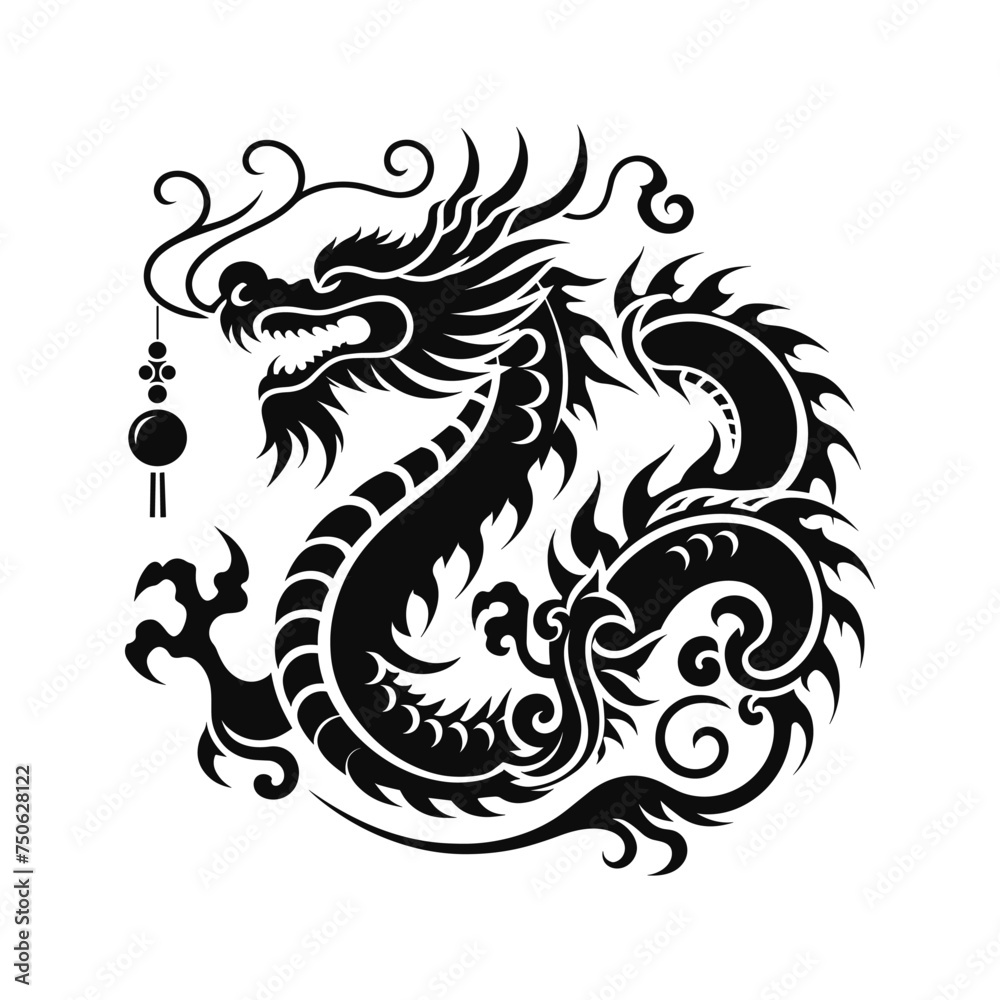 Year of the Dragon Silhouette Depiction of Green Wood Chinese Dragon for 2024 New Year