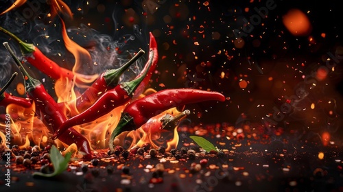 Chili peppers is burning on black background_04. Generative AI