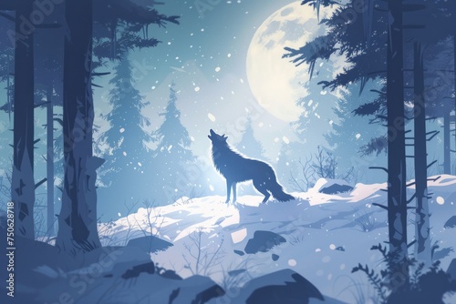 A powerful wolf stands courageously in the middle of a dense forest during the nighttime.