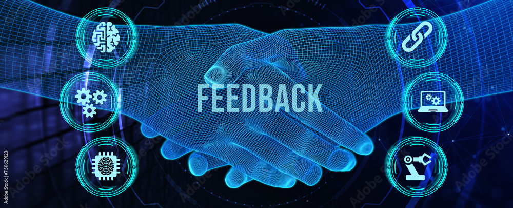 Feedback concept, user comment rating of company online, writing review diagram, reputation management. 3d illustration - obrazy, fototapety, plakaty 