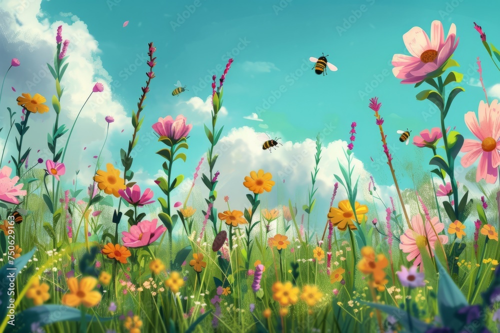 A vibrant painting depicting a meadow filled with blooming wildflowers and a bee flying in the sky.