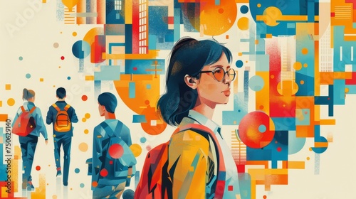Artistic representation of a woman with glasses in a vibrant, abstract city. Concept of urban life and diversity. Design for poster, wallpaper, banner